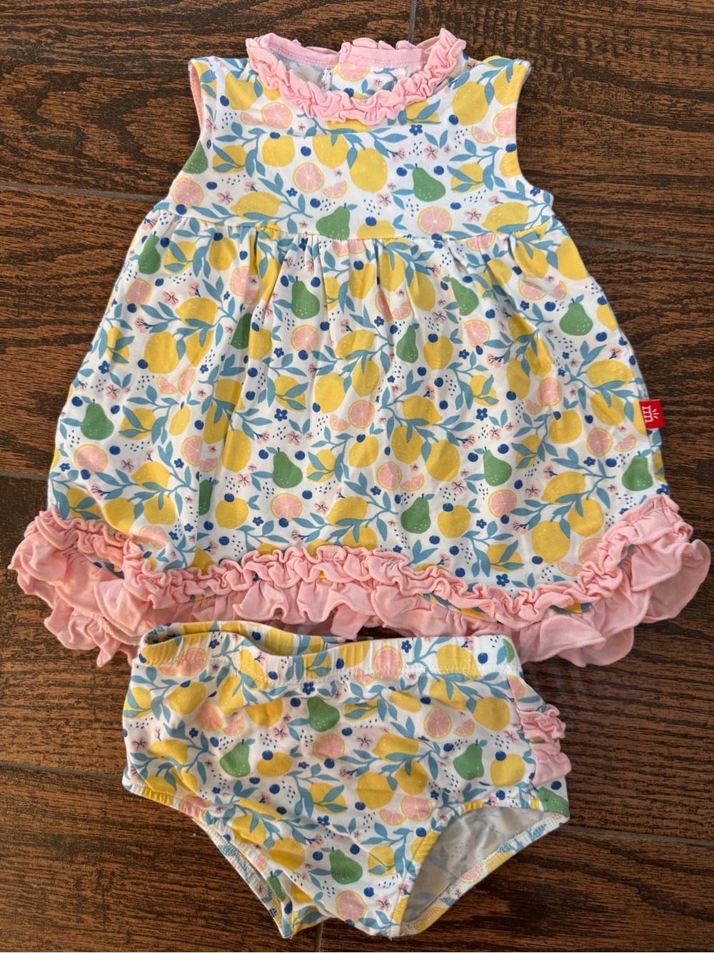 Magnetic Me Pink Ruffle Lemon & Pear Print Dress with Bloomers